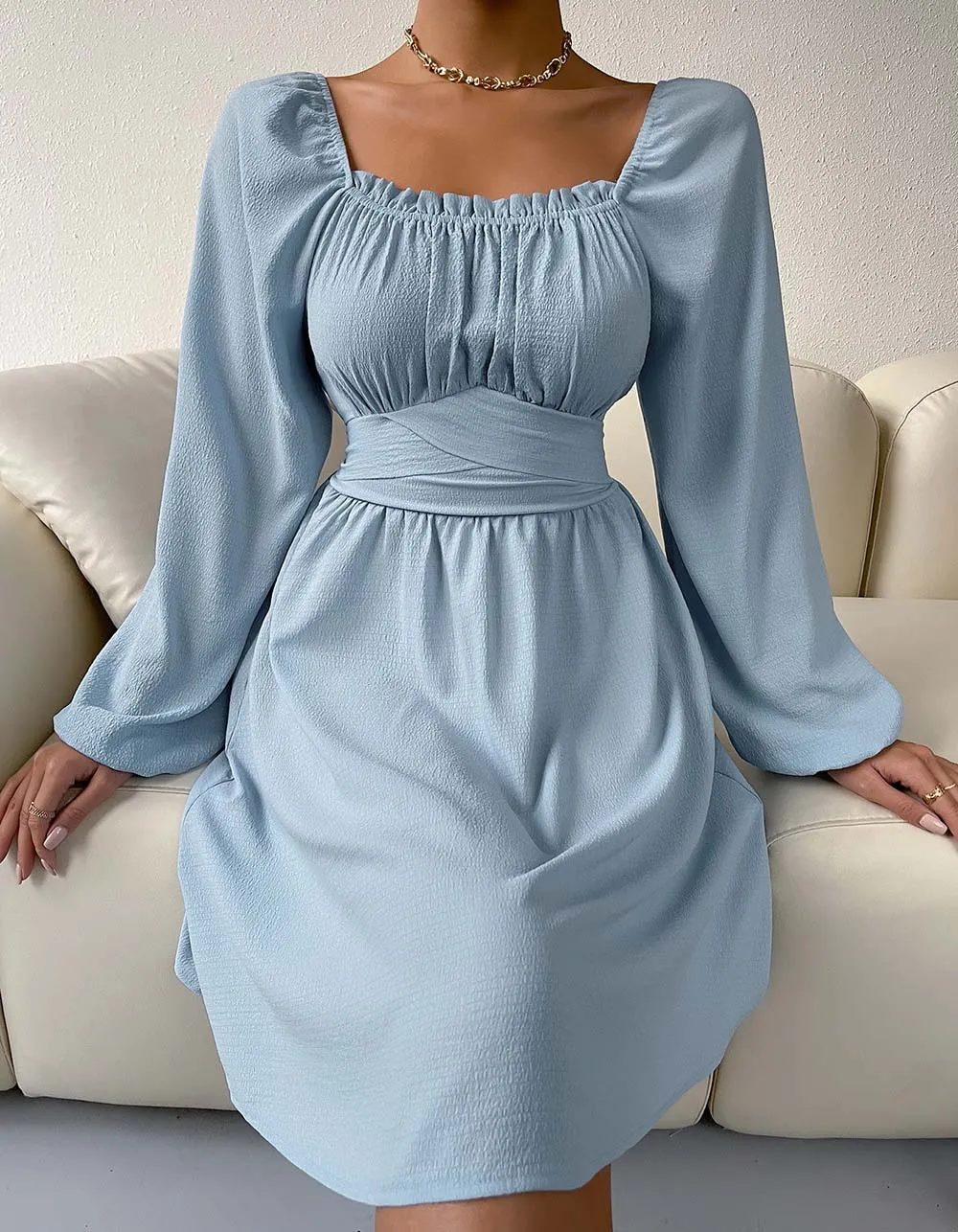 Plain Square Neck Long Sleeve High Waist Belted A-line Dresses