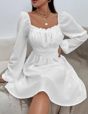 Plain Square Neck Long Sleeve High Waist Belted A-line Dresses