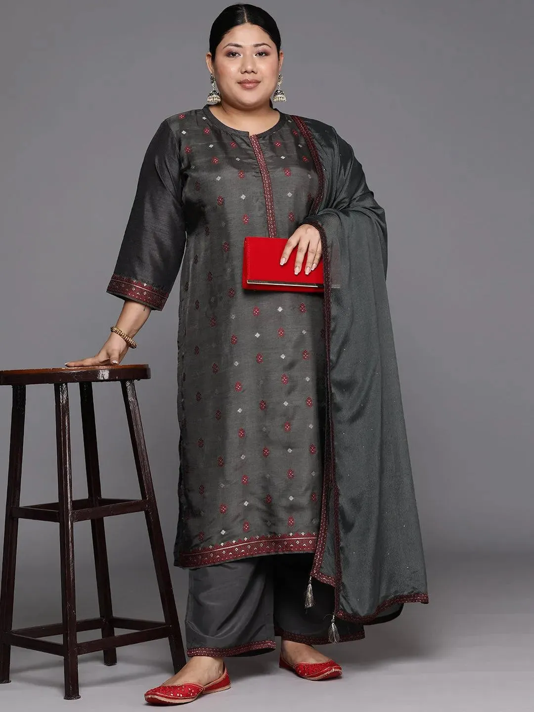 Plus Size Grey Woven Design Silk Blend Straight Kurta With Trousers & Dupatta
