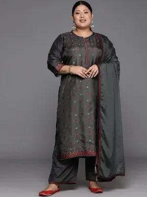 Plus Size Grey Woven Design Silk Blend Straight Kurta With Trousers & Dupatta