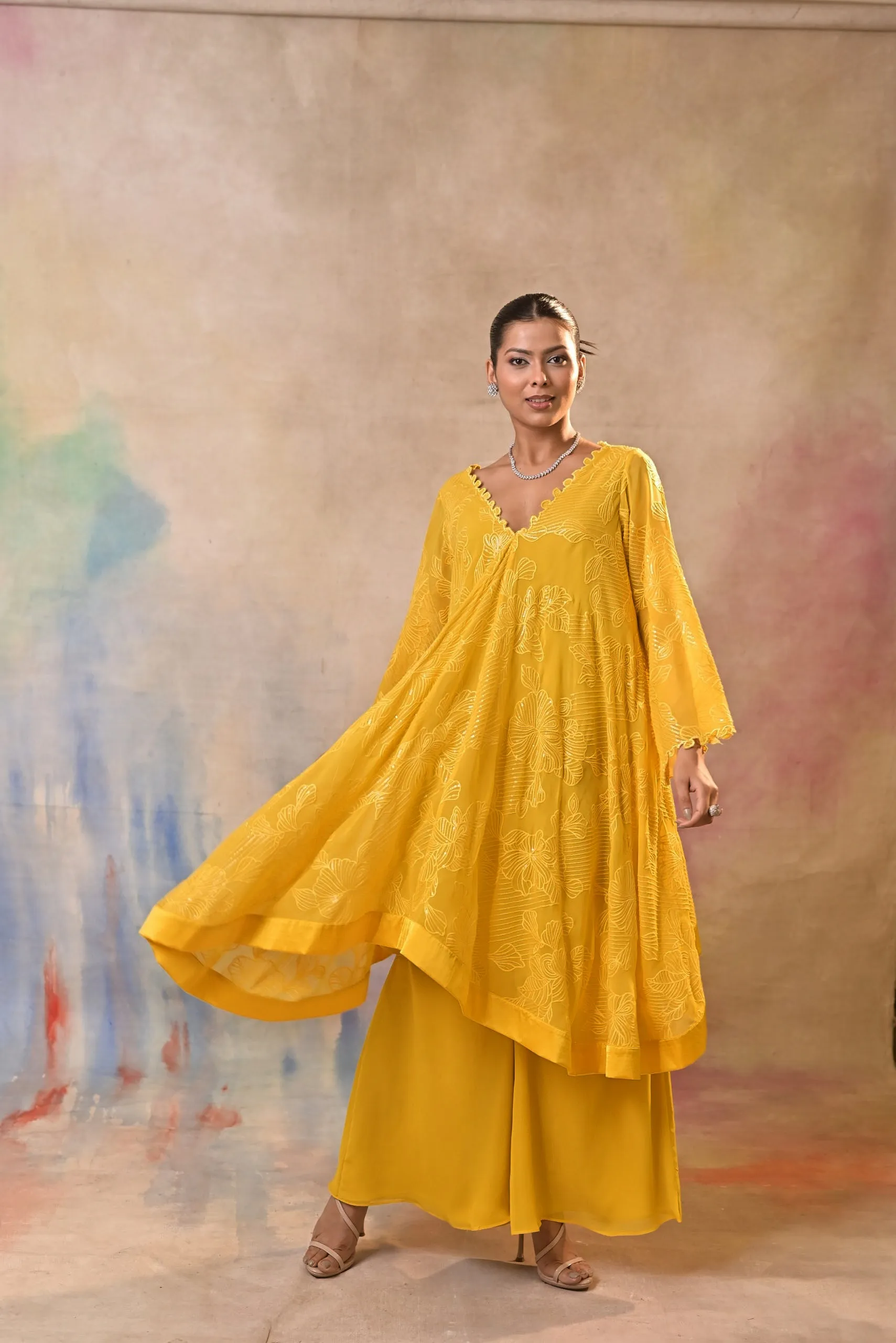 Radiant yellow embellished indo-western set