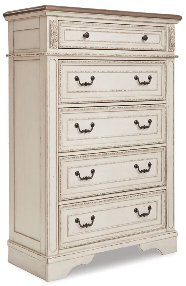 Realyn California King Upholstered Panel Bed with Mirrored Dresser and Chest