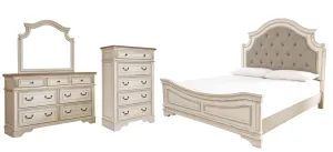Realyn California King Upholstered Panel Bed with Mirrored Dresser and Chest