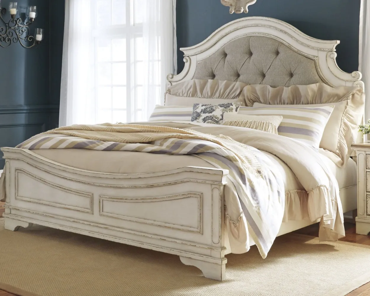Realyn King Upholstered Panel Bed with Mirrored Dresser and Chest