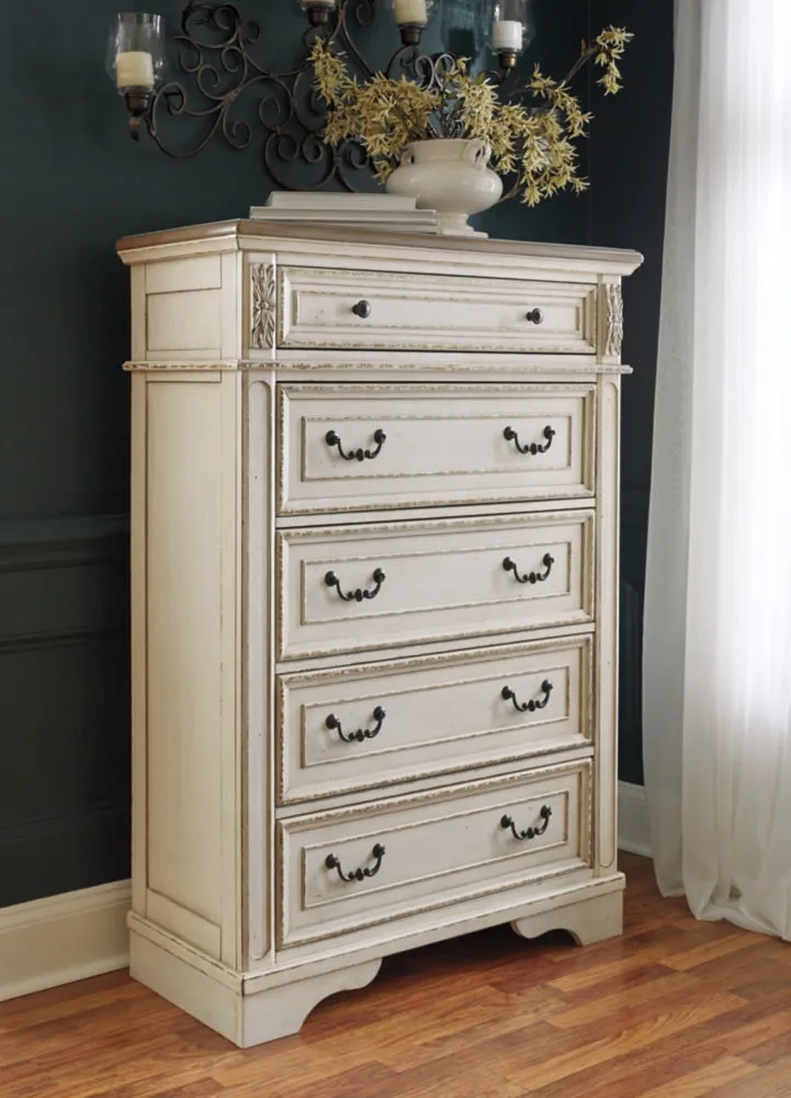 Realyn King Upholstered Panel Bed with Mirrored Dresser and Chest
