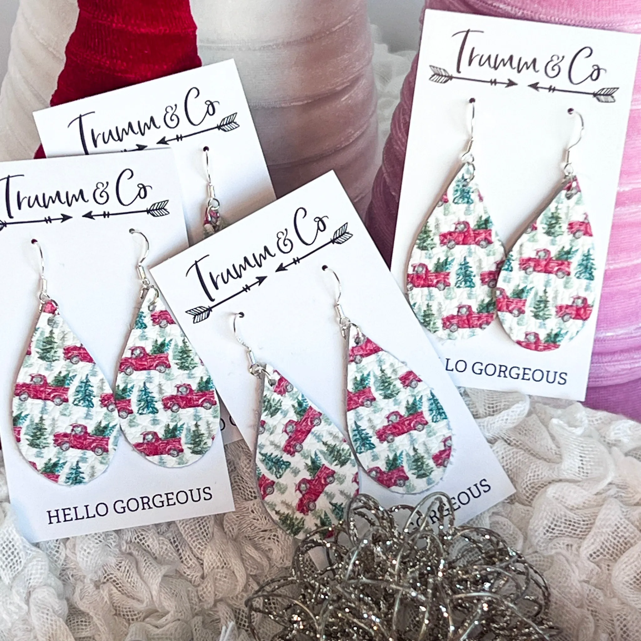 Red Pick Up Truck & Pine Tree Christmas Earrings|Festive Leather Holiday Jewelry