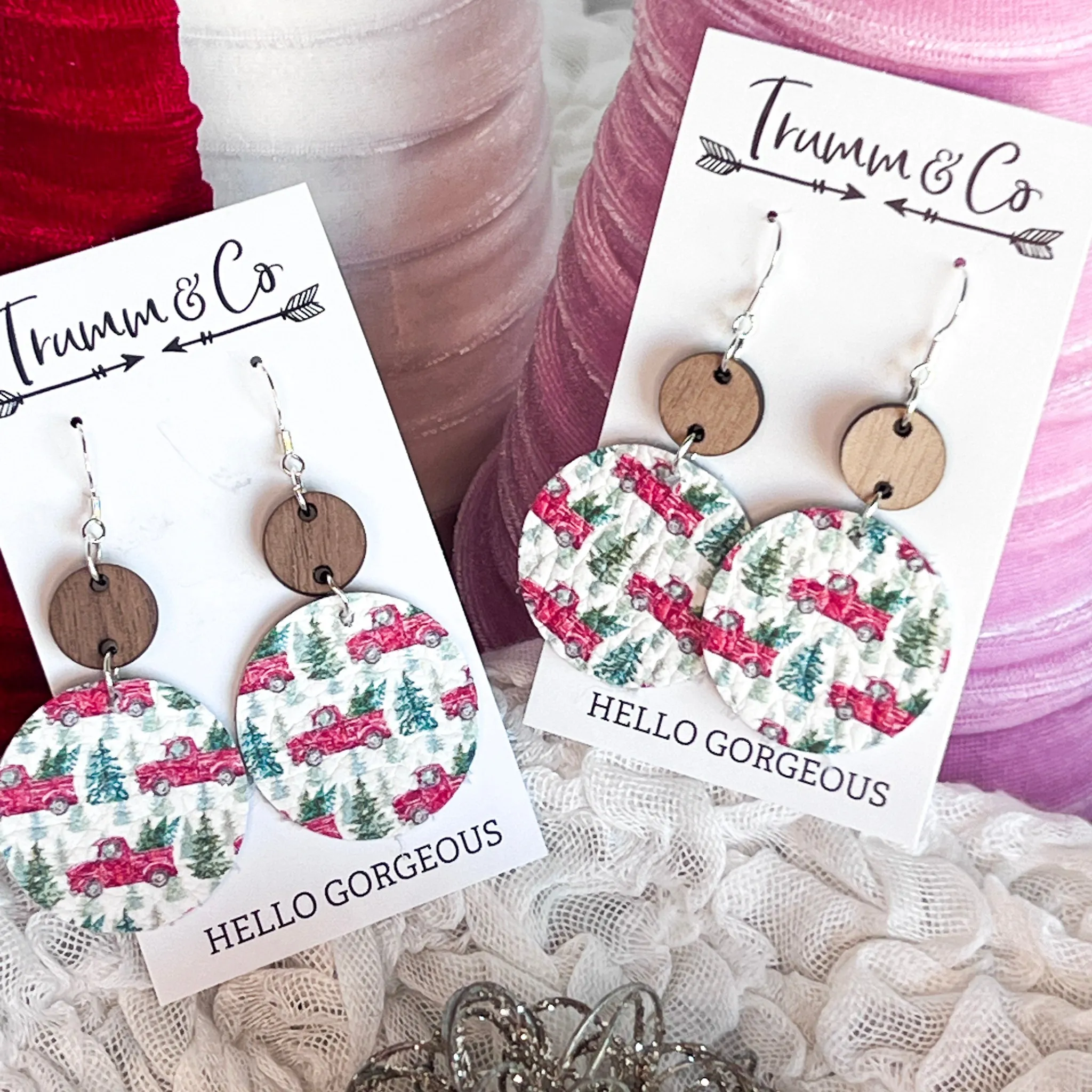 Red Pick Up Truck & Pine Tree Christmas Earrings|Festive Leather Holiday Jewelry