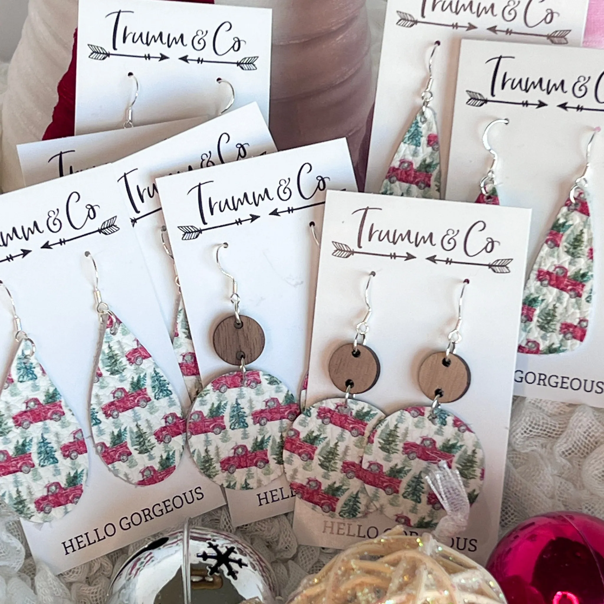 Red Pick Up Truck & Pine Tree Christmas Earrings|Festive Leather Holiday Jewelry