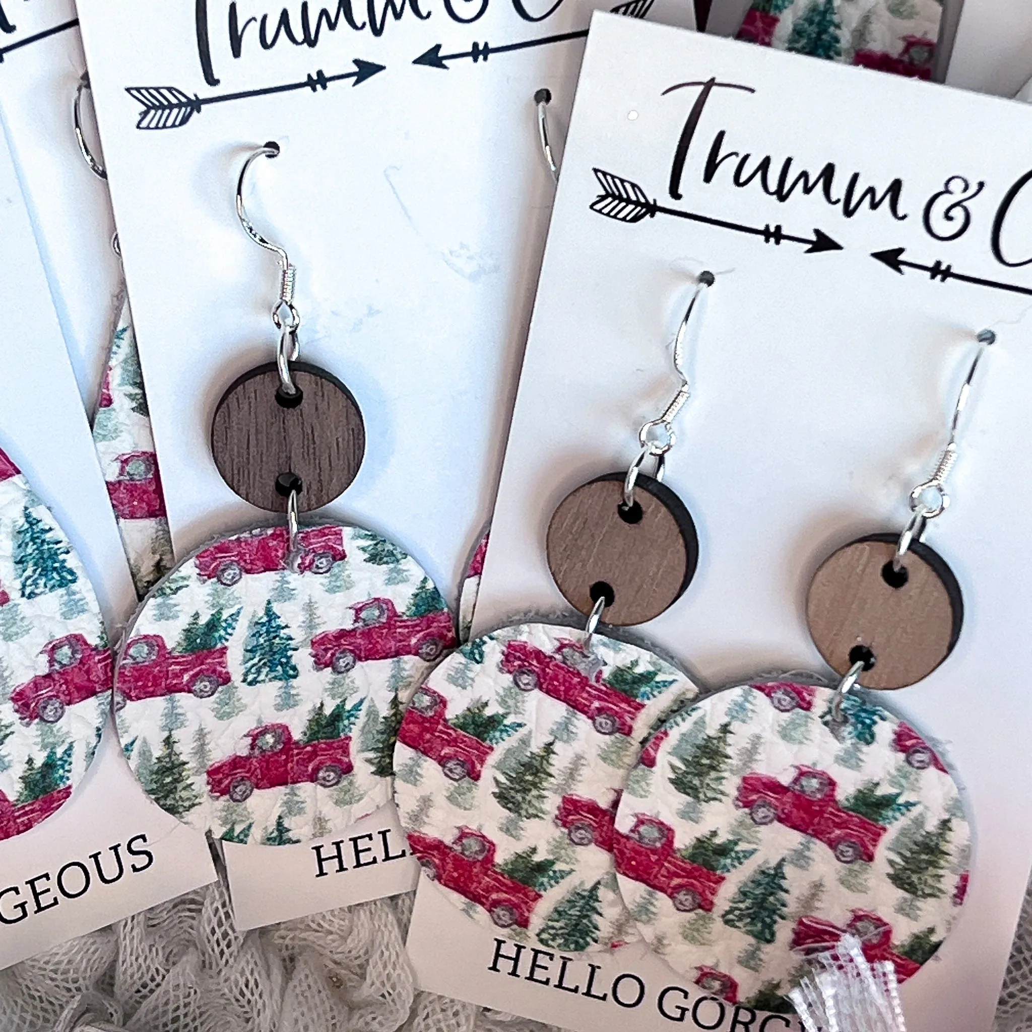 Red Pick Up Truck & Pine Tree Christmas Earrings|Festive Leather Holiday Jewelry