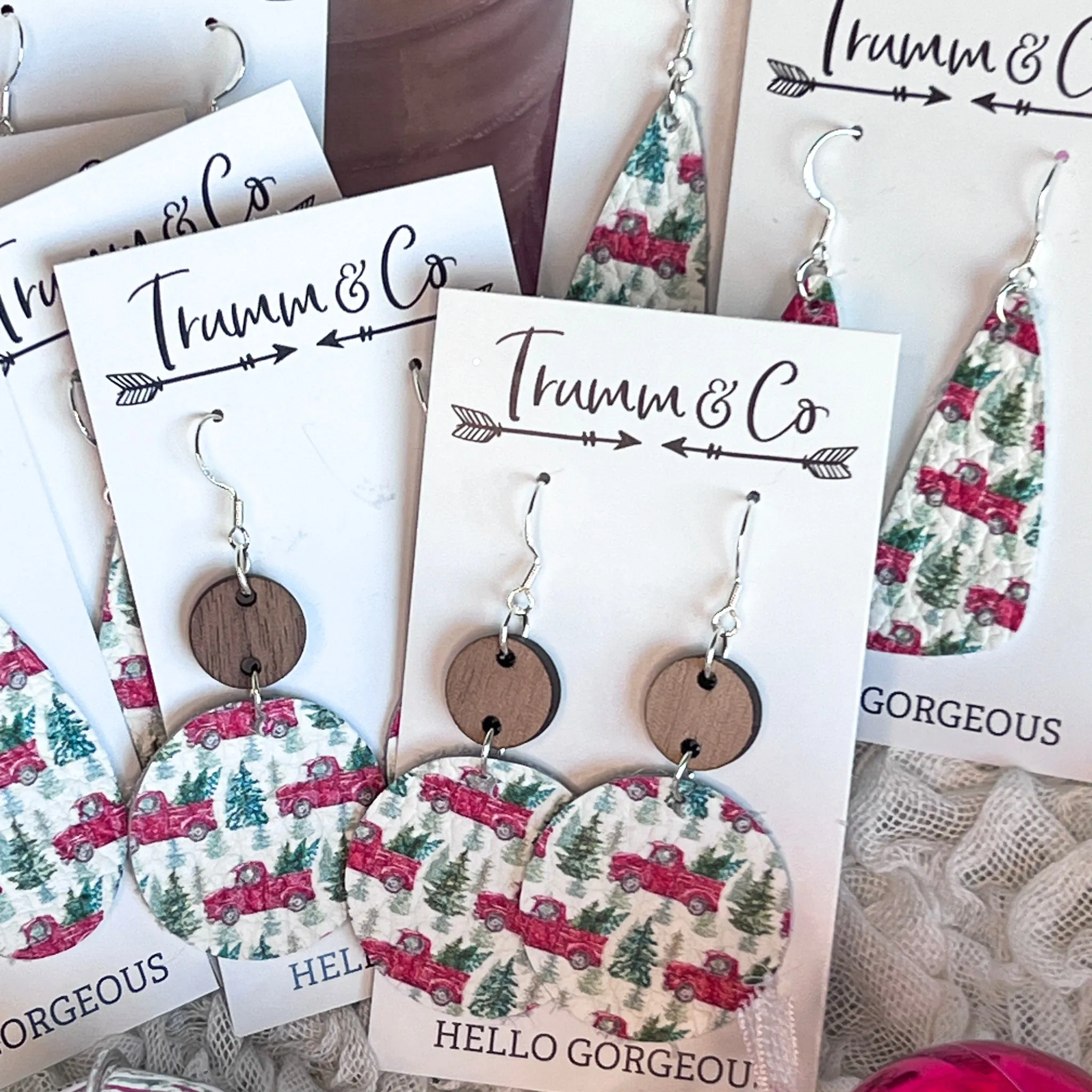 Red Pick Up Truck & Pine Tree Christmas Earrings|Festive Leather Holiday Jewelry