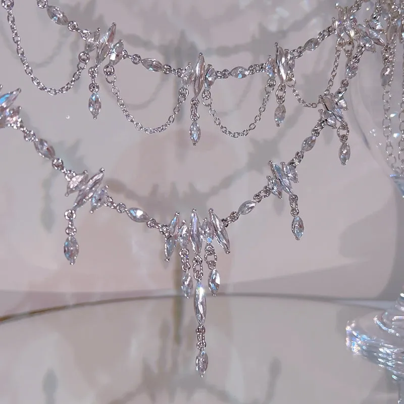 Rhinestone Fairy Diamond Silver Drop Angelic Chain Tassel Pendant Necklace