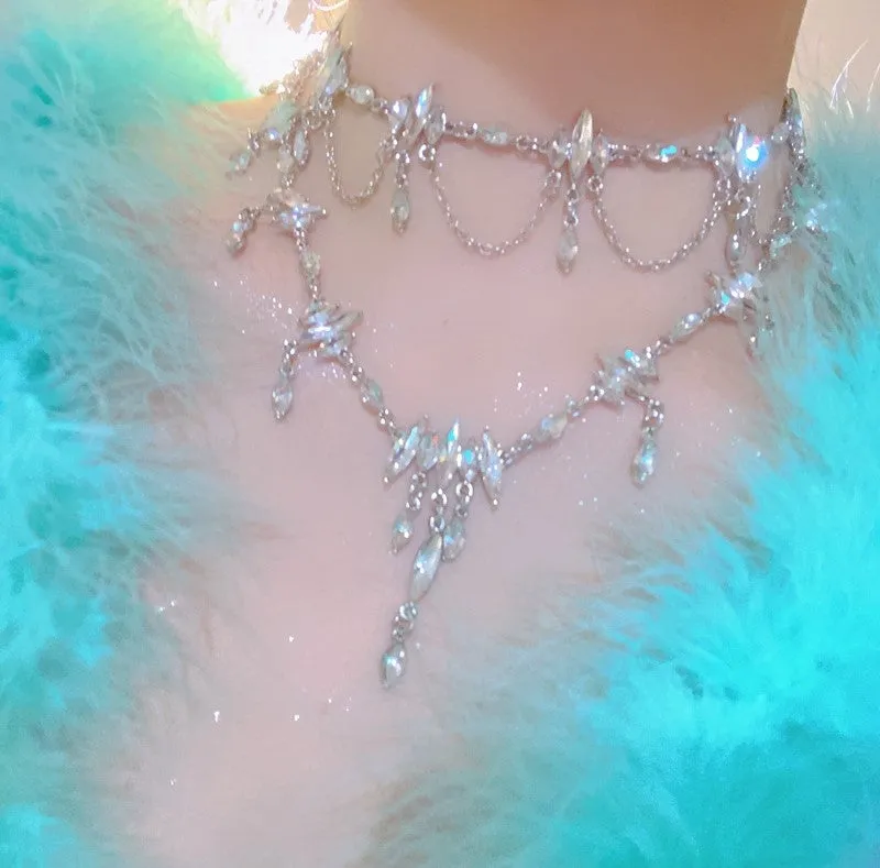 Rhinestone Fairy Diamond Silver Drop Angelic Chain Tassel Pendant Necklace