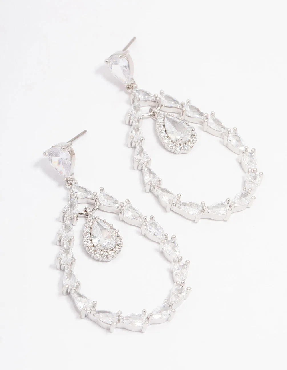 Rhodium Cubic Zirconia Pear Stone Drop Earrings