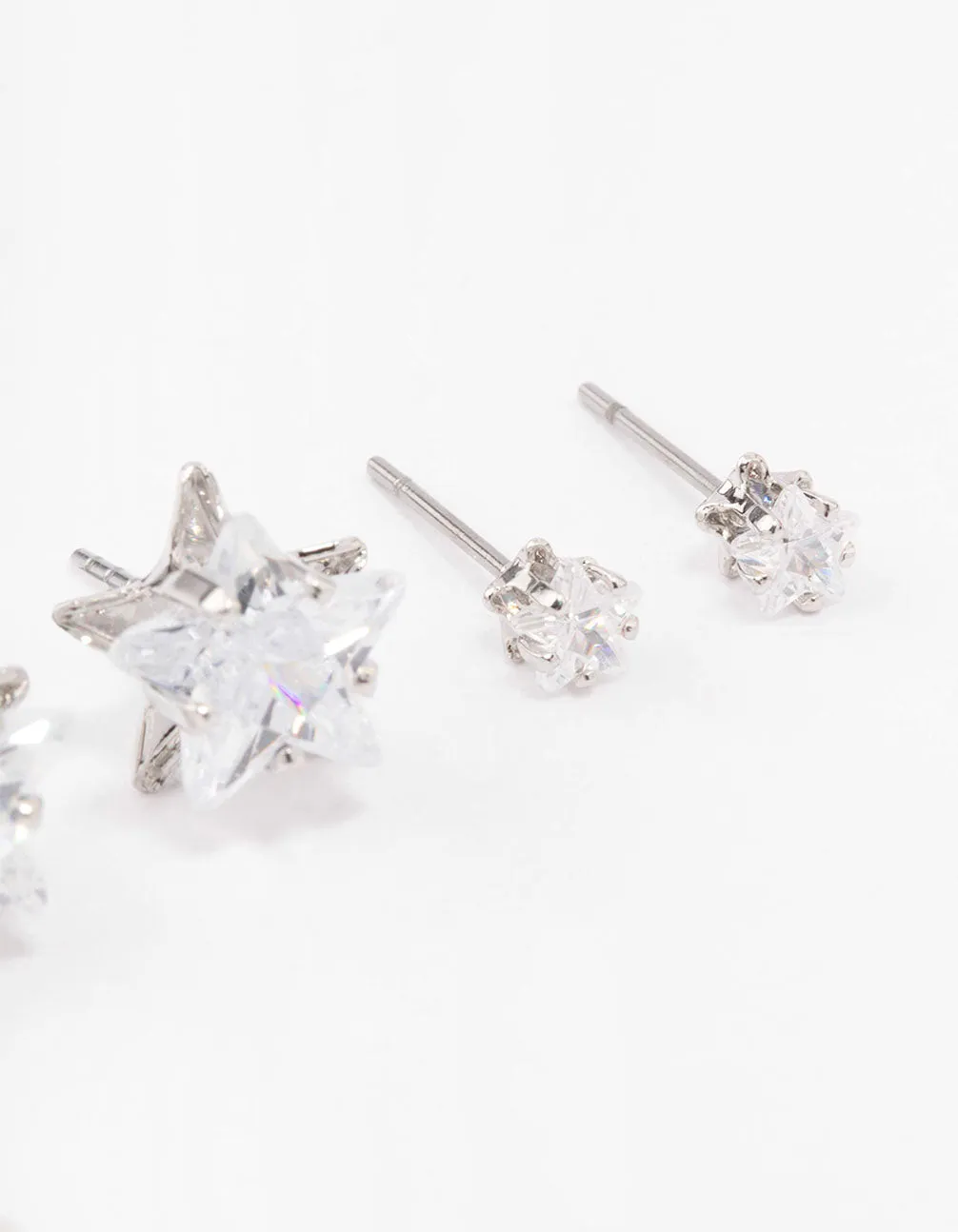 Rhodium Cubic Zirconia Star Stud Earring 3-Pack
