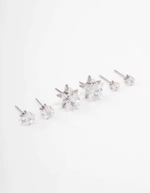 Rhodium Cubic Zirconia Star Stud Earring 3-Pack