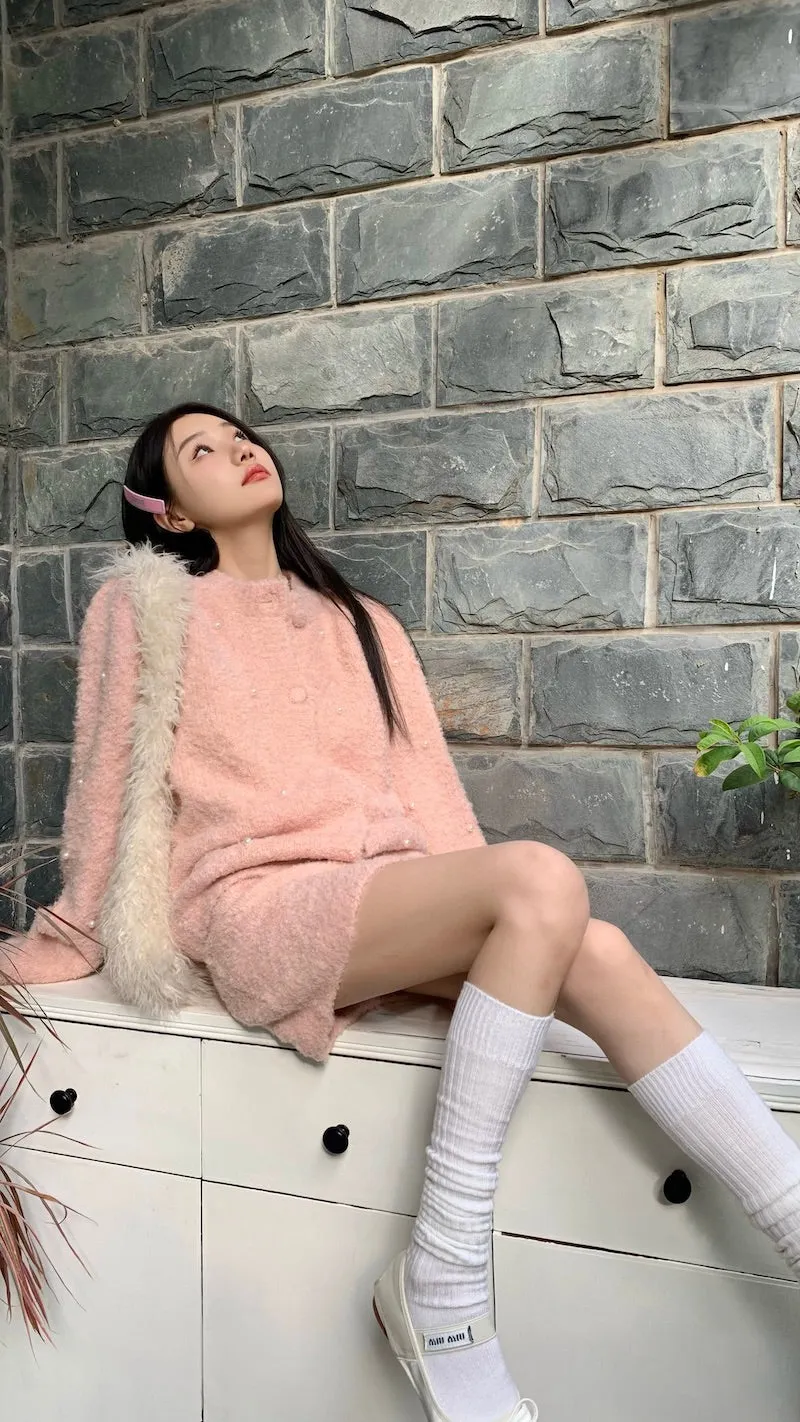 Rose Sweet Pink Pearl Girl Women Fluffy Jacket Skirt Two Piece Set