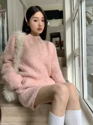 Rose Sweet Pink Pearl Girl Women Fluffy Jacket Skirt Two Piece Set