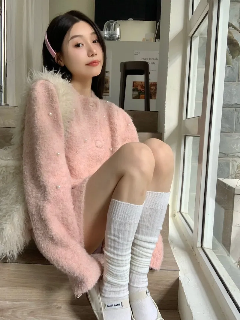 Rose Sweet Pink Pearl Girl Women Fluffy Jacket Skirt Two Piece Set