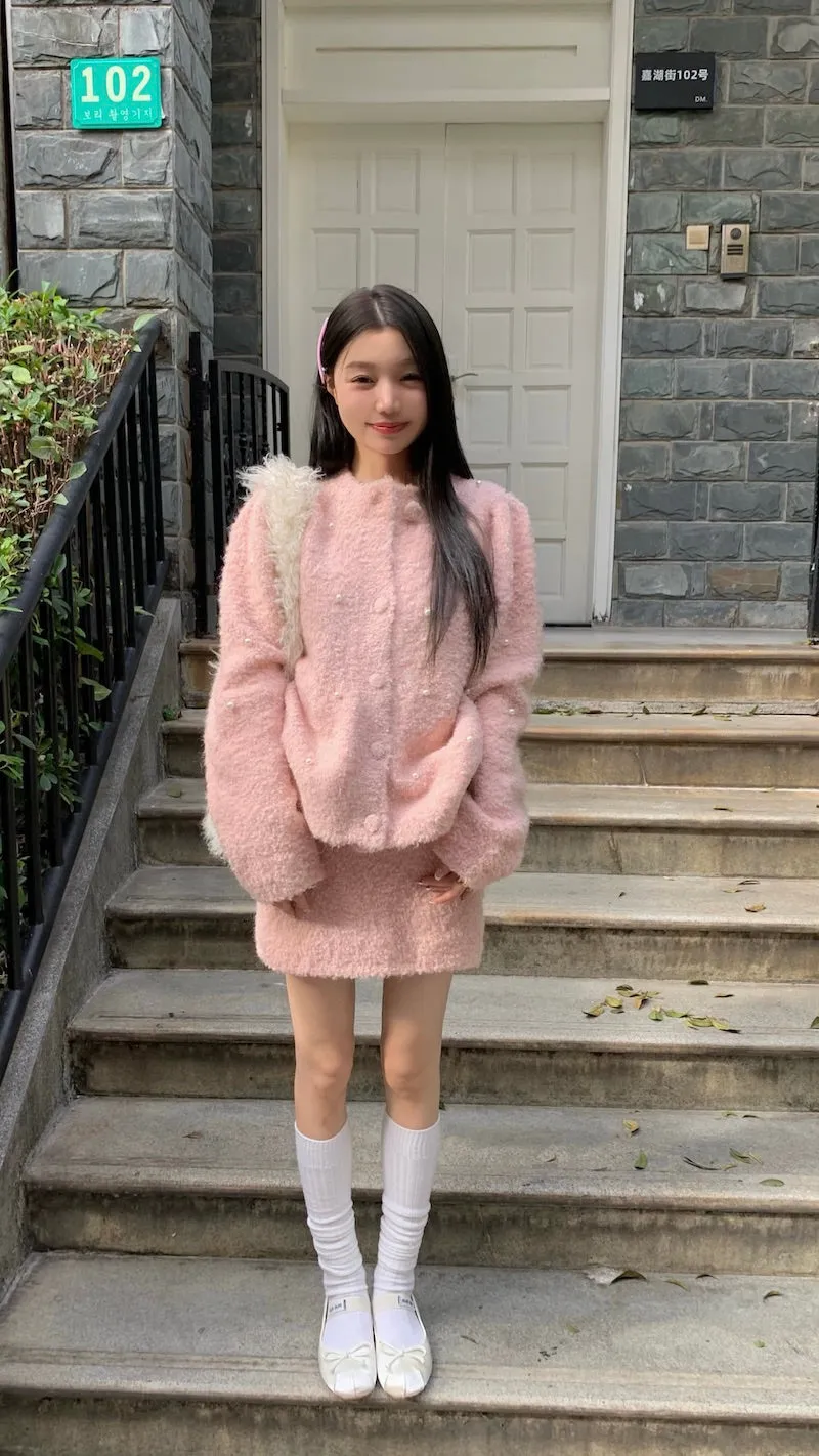 Rose Sweet Pink Pearl Girl Women Fluffy Jacket Skirt Two Piece Set