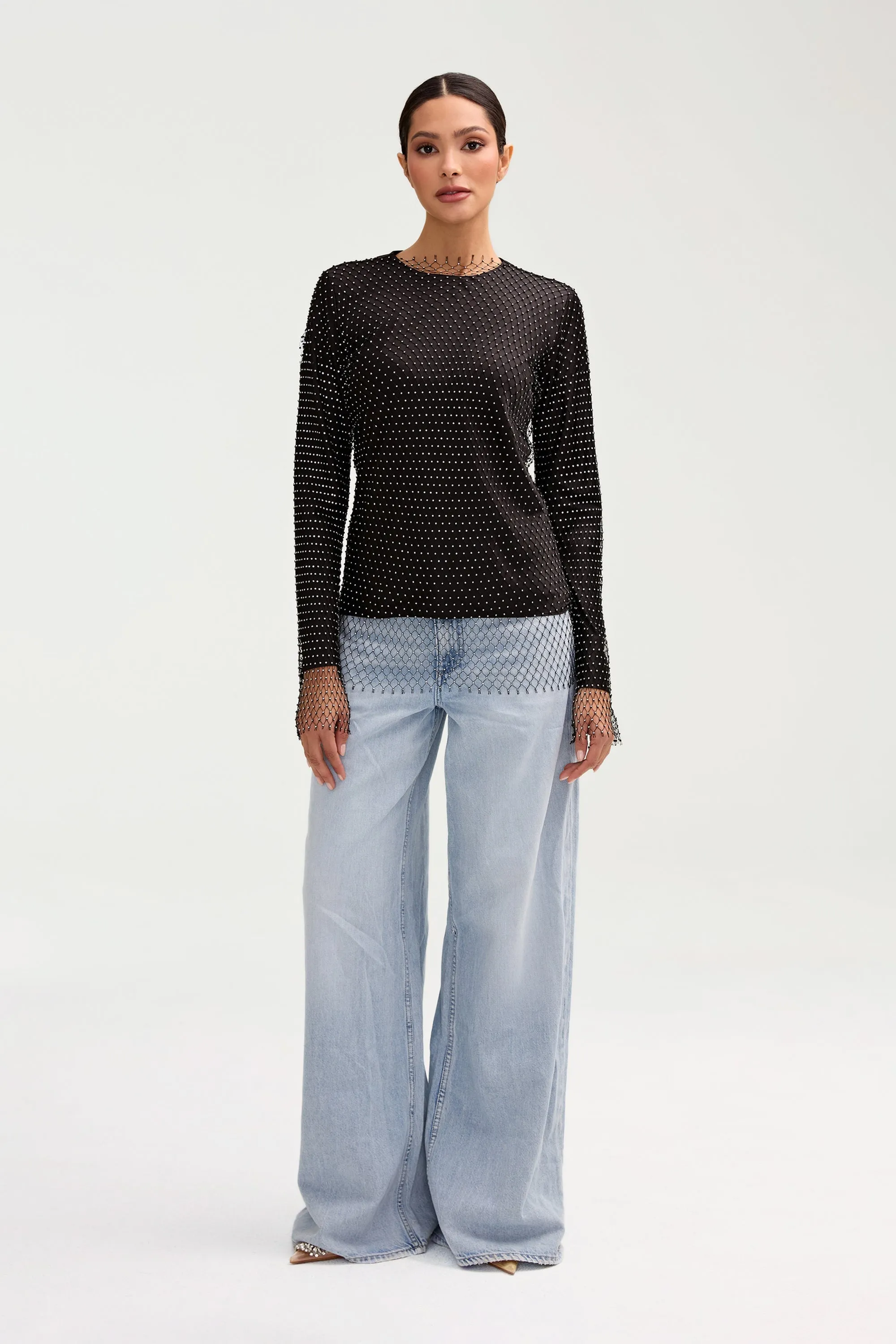 Sania Crystal Satin Top - Black