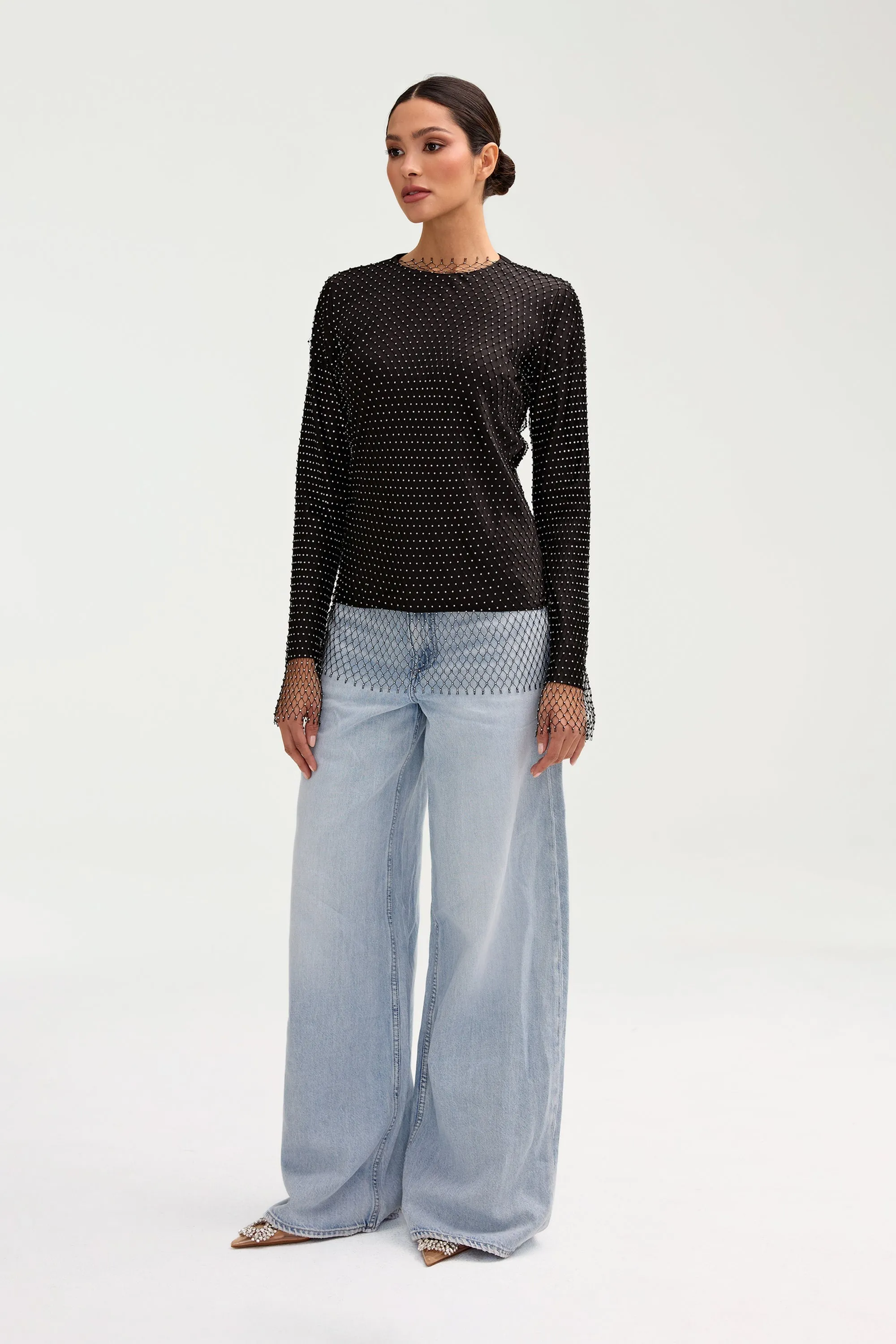 Sania Crystal Satin Top - Black