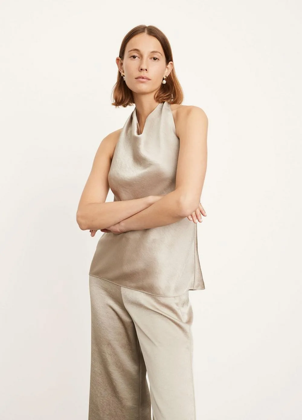 Satin Halter Neck Blouse in Oat Stone