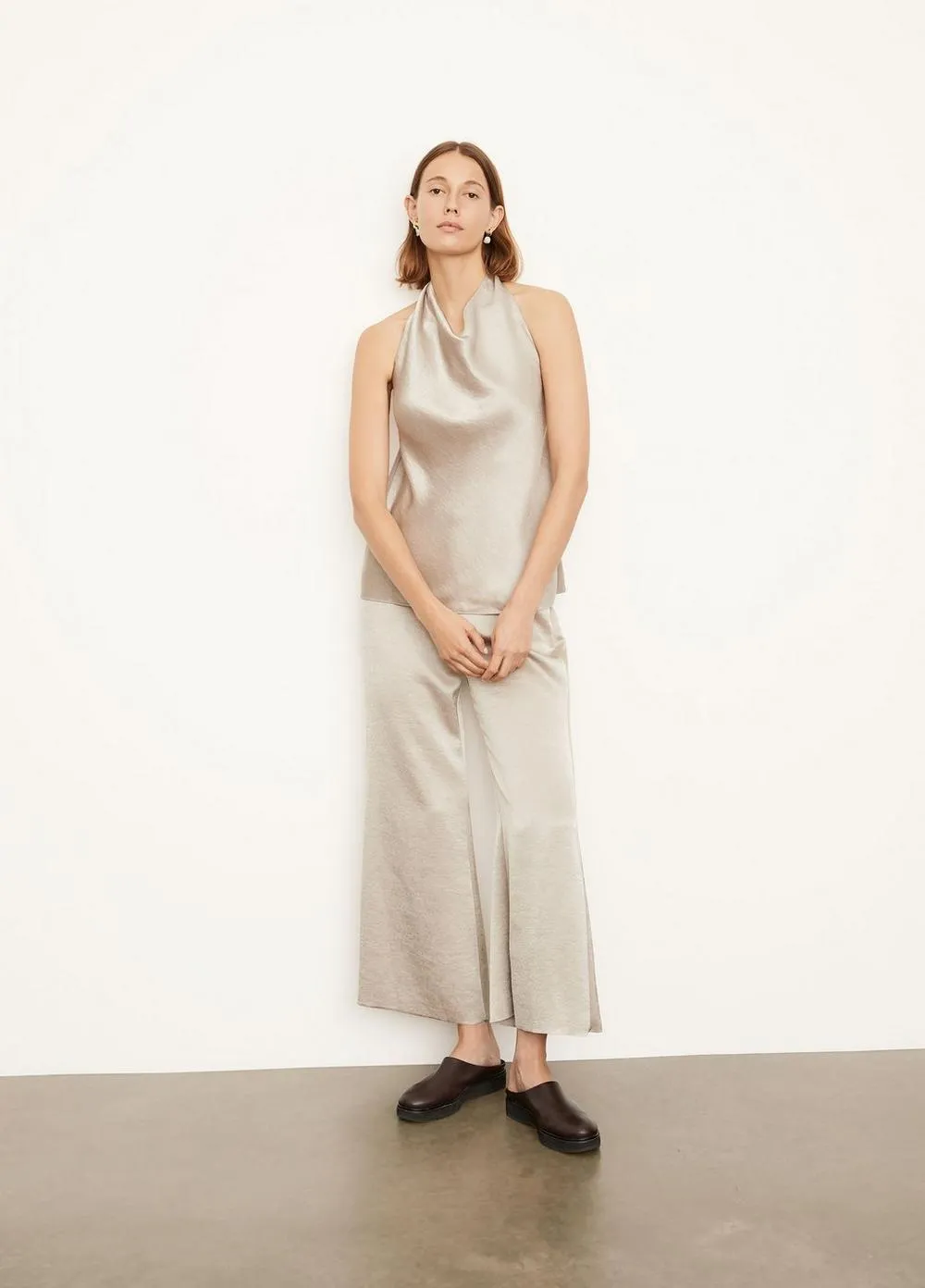 Satin Halter Neck Blouse in Oat Stone
