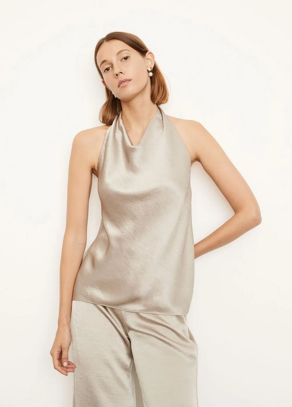 Satin Halter Neck Blouse in Oat Stone