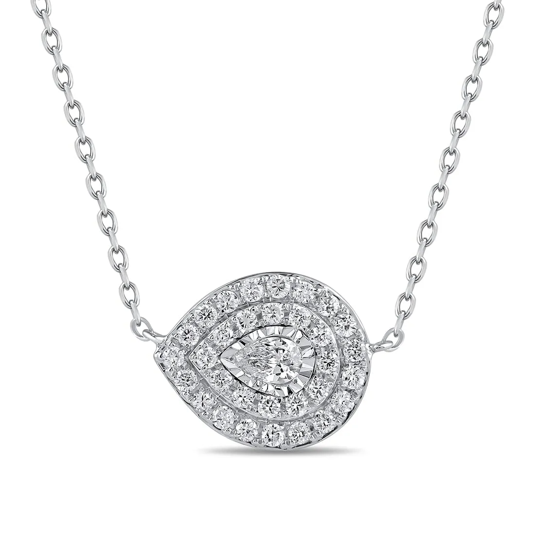 Soliataire Double Halo Pear Shaped Slider Necklace with 0.35ct of Laboratory Grown Diamonds in Sterling Silver and Platinum