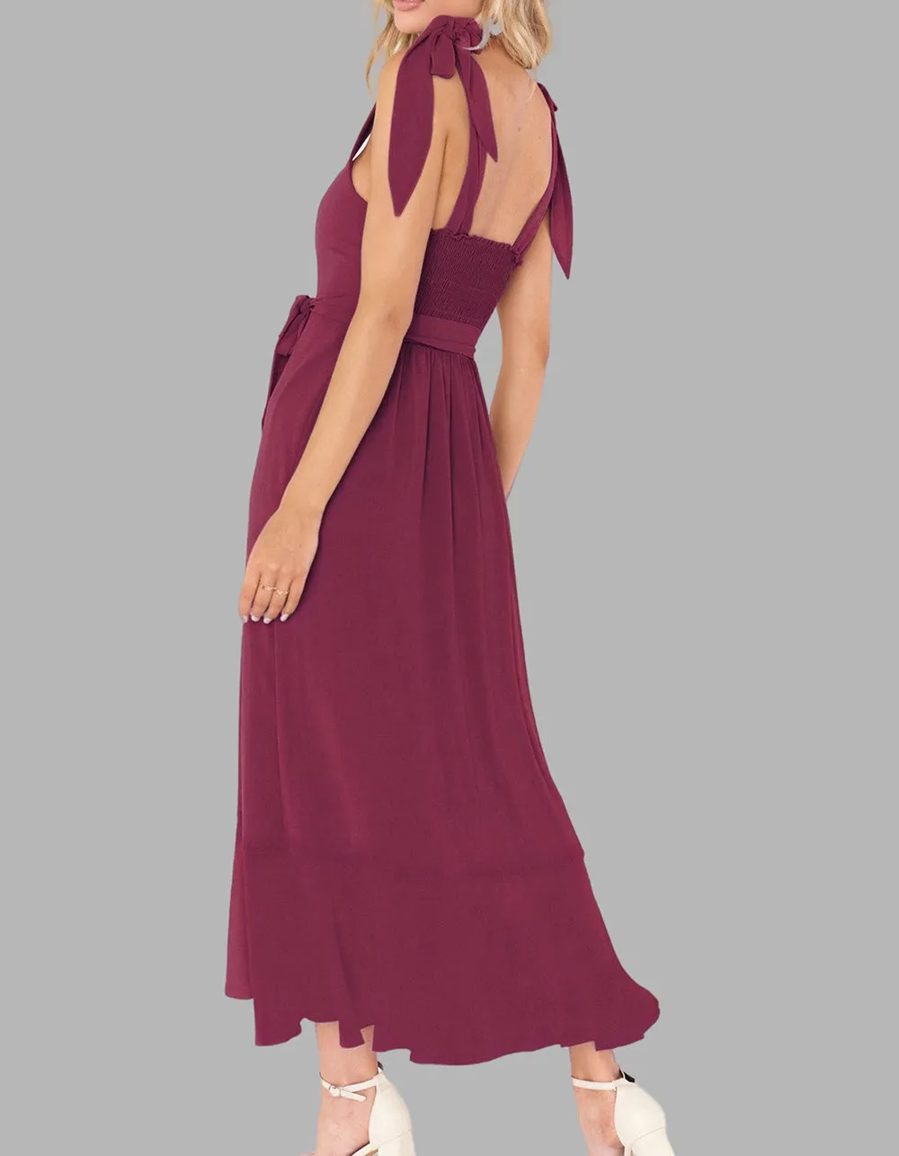 Solid-color Elegant Square Neck Backless Slits Long A-Line Dresses