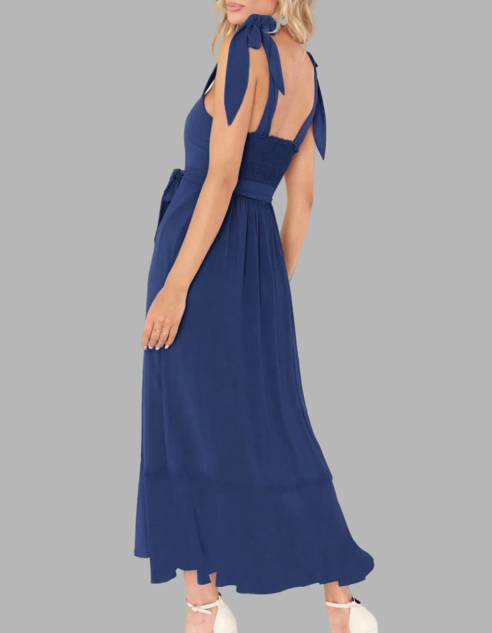 Solid-color Elegant Square Neck Backless Slits Long A-Line Dresses