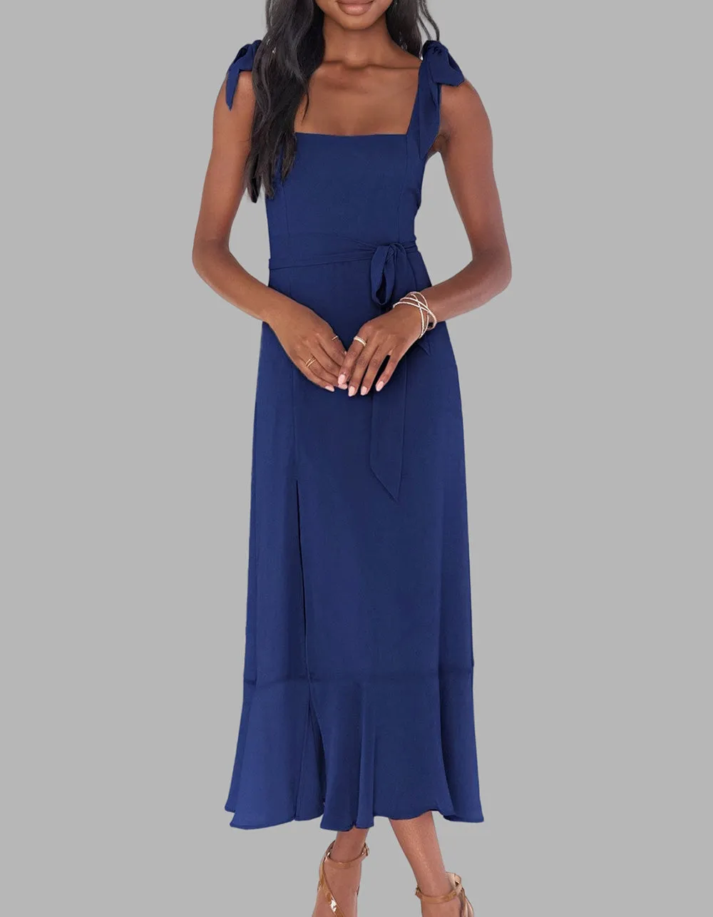 Solid-color Elegant Square Neck Backless Slits Long A-Line Dresses
