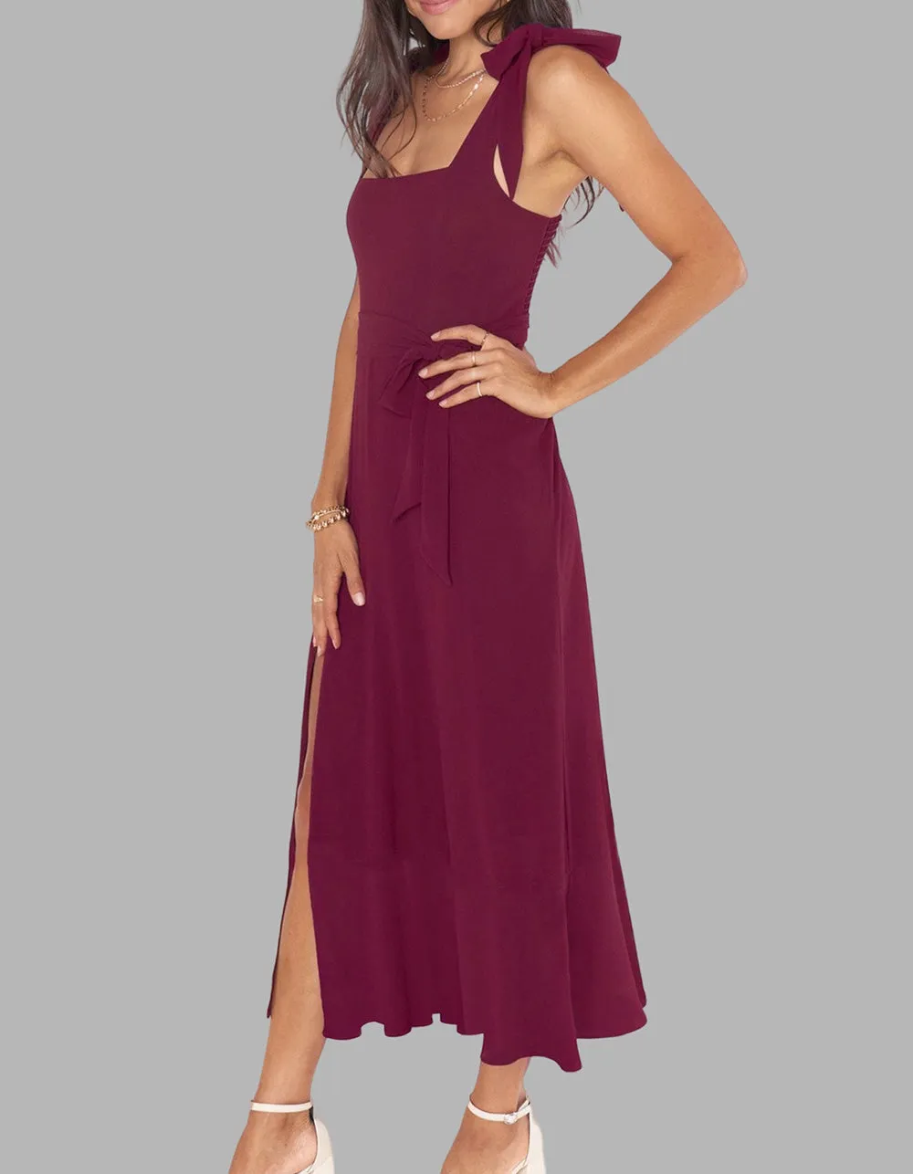 Solid-color Elegant Square Neck Backless Slits Long A-Line Dresses