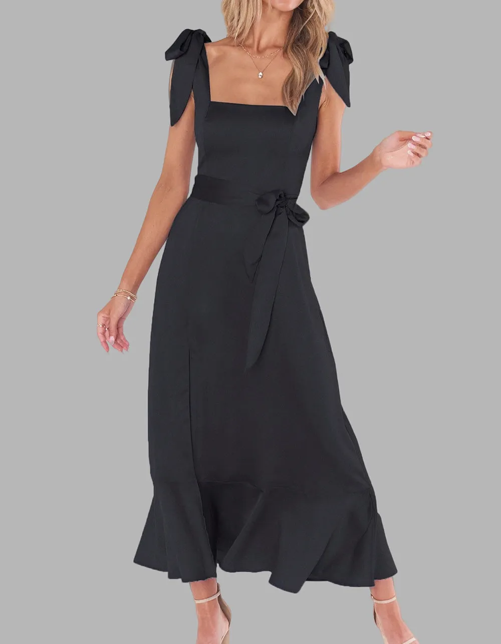 Solid-color Elegant Square Neck Backless Slits Long A-Line Dresses