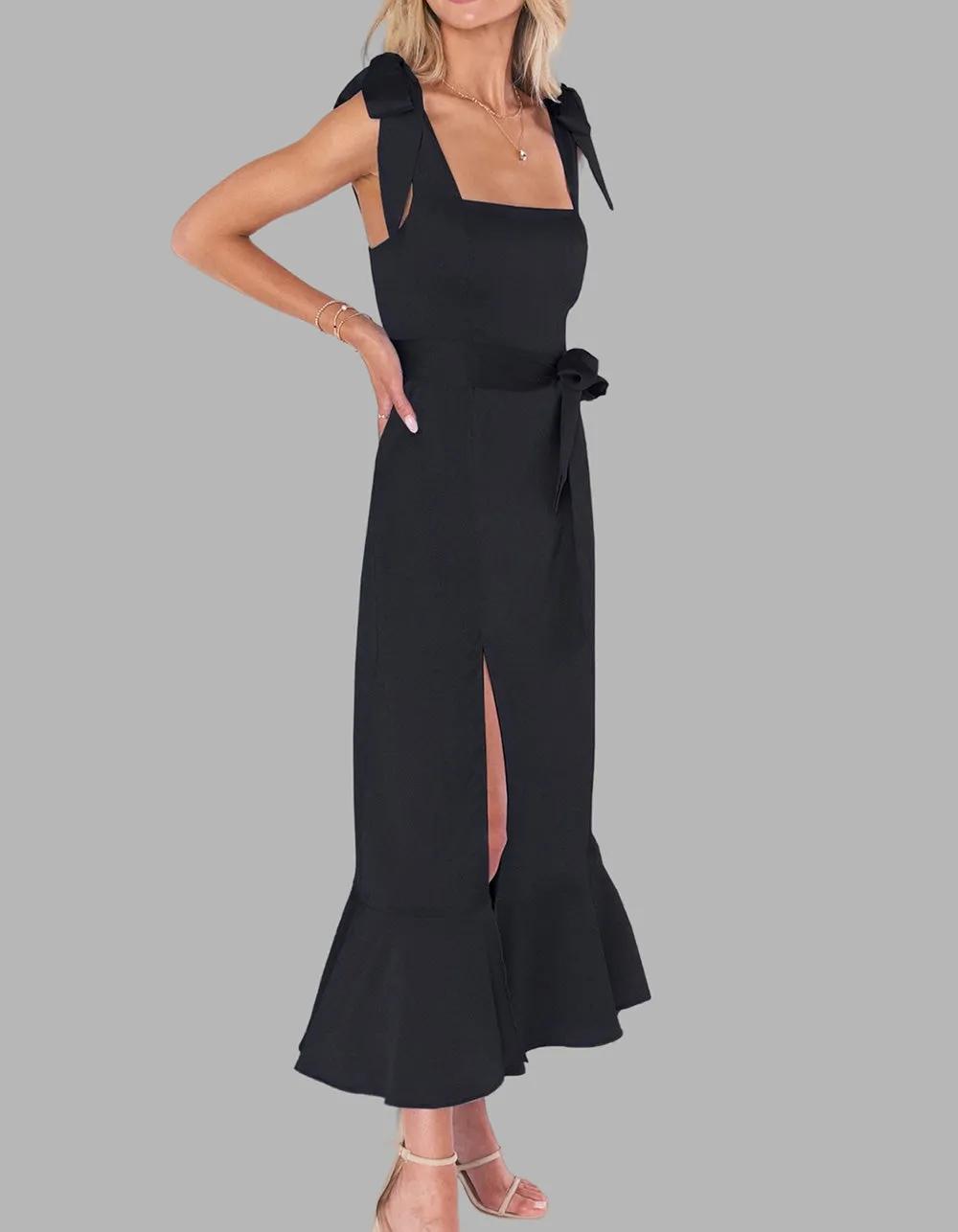 Solid-color Elegant Square Neck Backless Slits Long A-Line Dresses