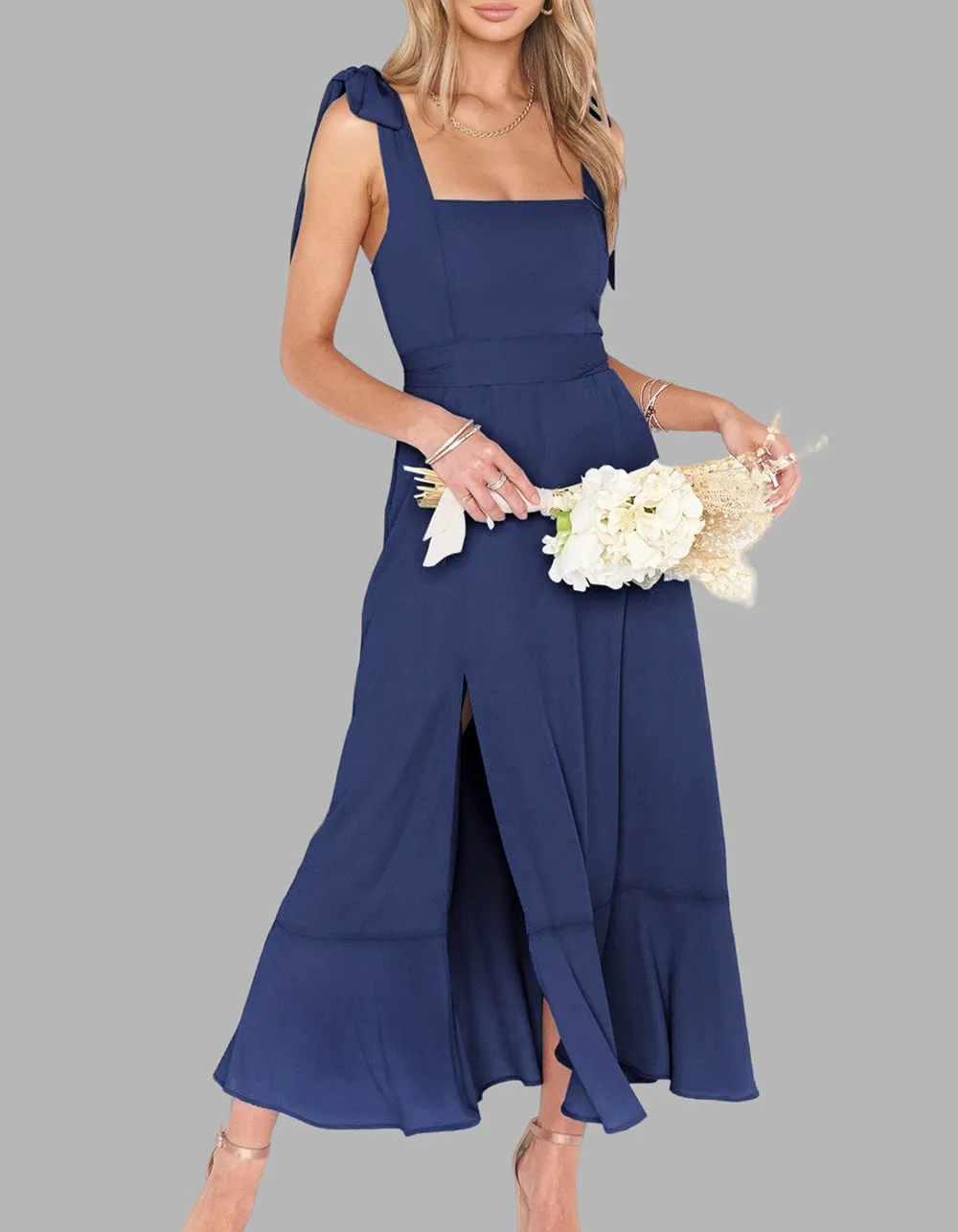 Solid-color Elegant Square Neck Backless Slits Long A-Line Dresses