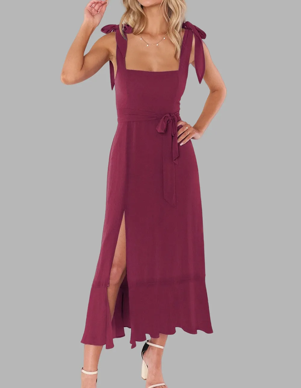 Solid-color Elegant Square Neck Backless Slits Long A-Line Dresses