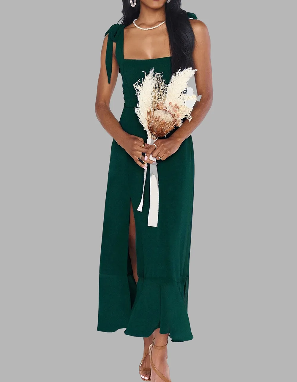 Solid-color Elegant Square Neck Backless Slits Long A-Line Dresses