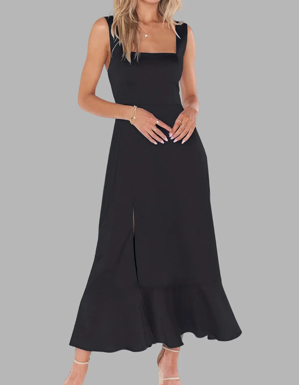 Solid-color Elegant Square Neck Backless Slits Long A-Line Dresses