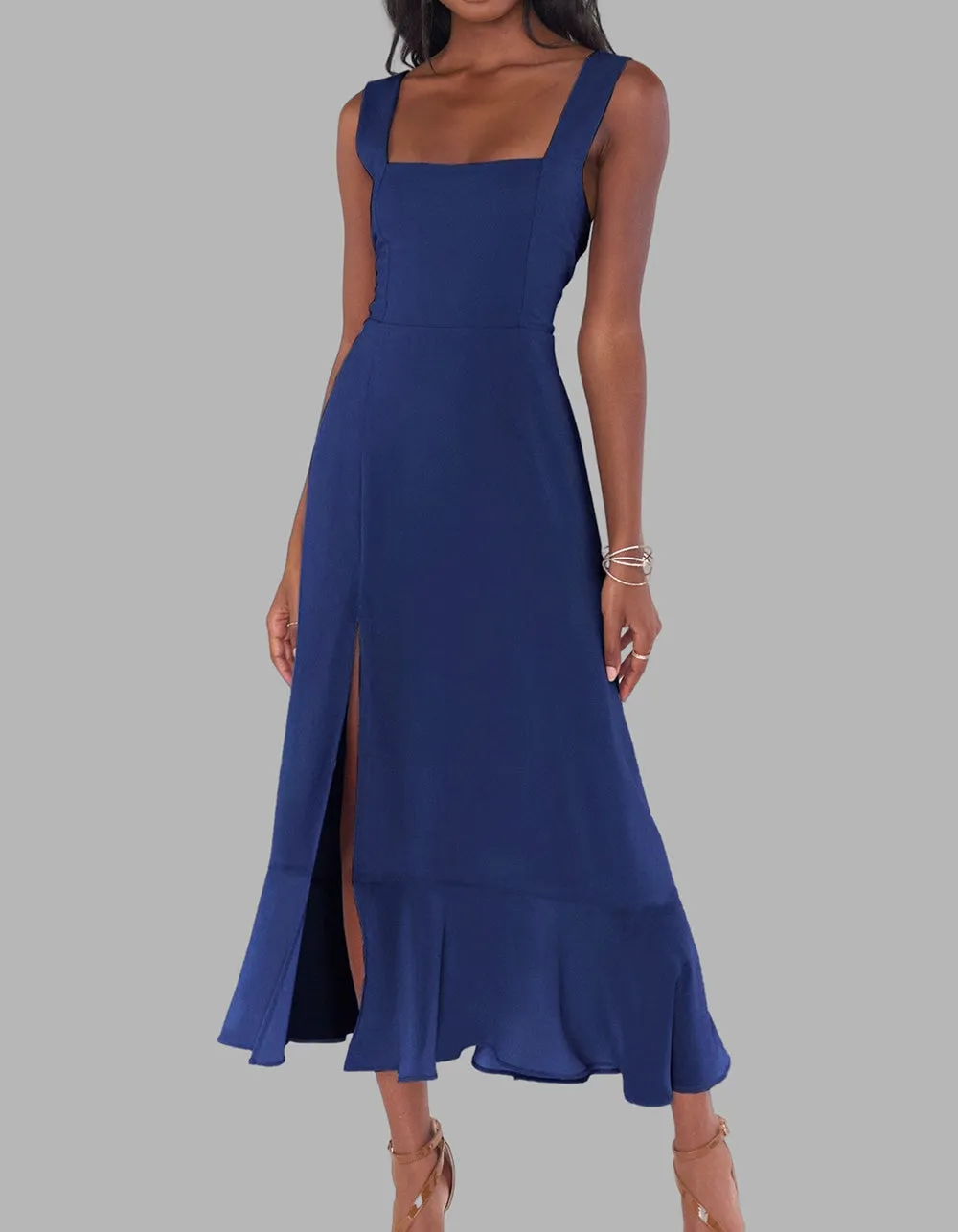 Solid-color Elegant Square Neck Backless Slits Long A-Line Dresses