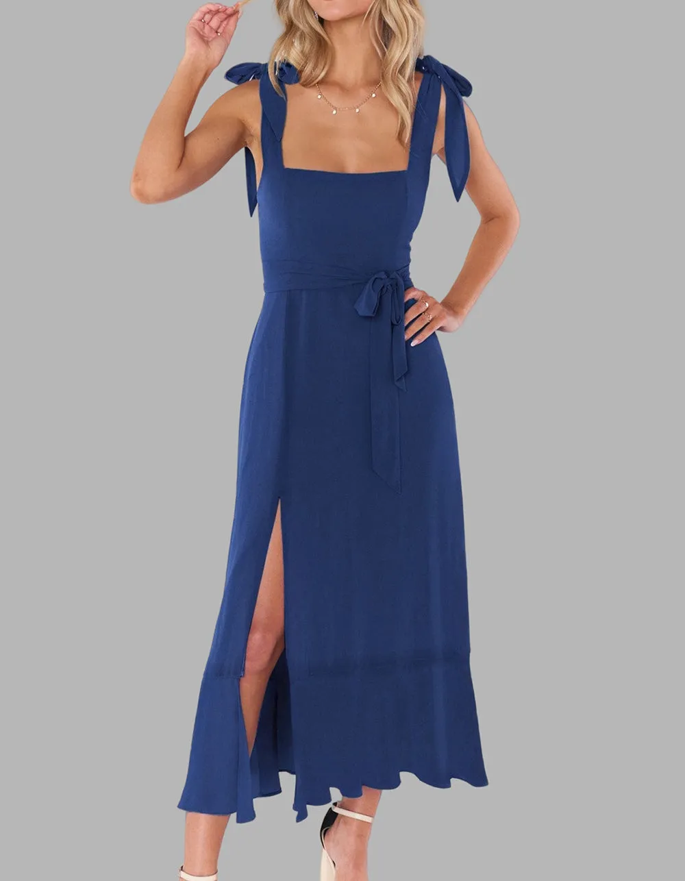 Solid-color Elegant Square Neck Backless Slits Long A-Line Dresses