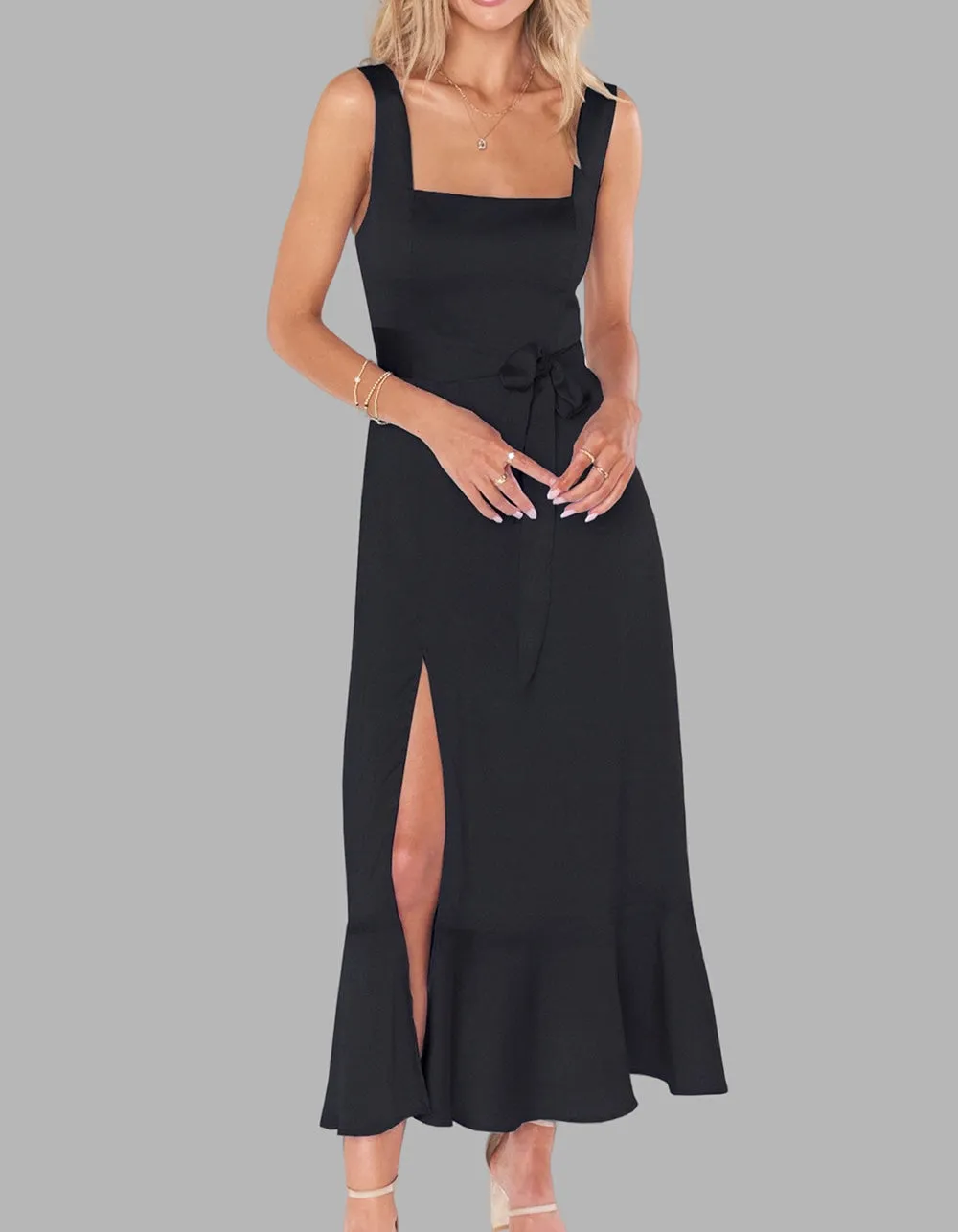 Solid-color Elegant Square Neck Backless Slits Long A-Line Dresses