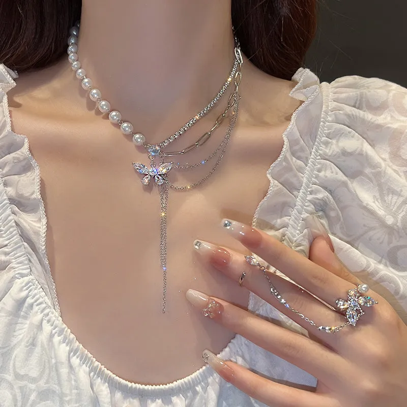 Spring Breeze Butterfly Four Chains Tassel Pendant Necklace