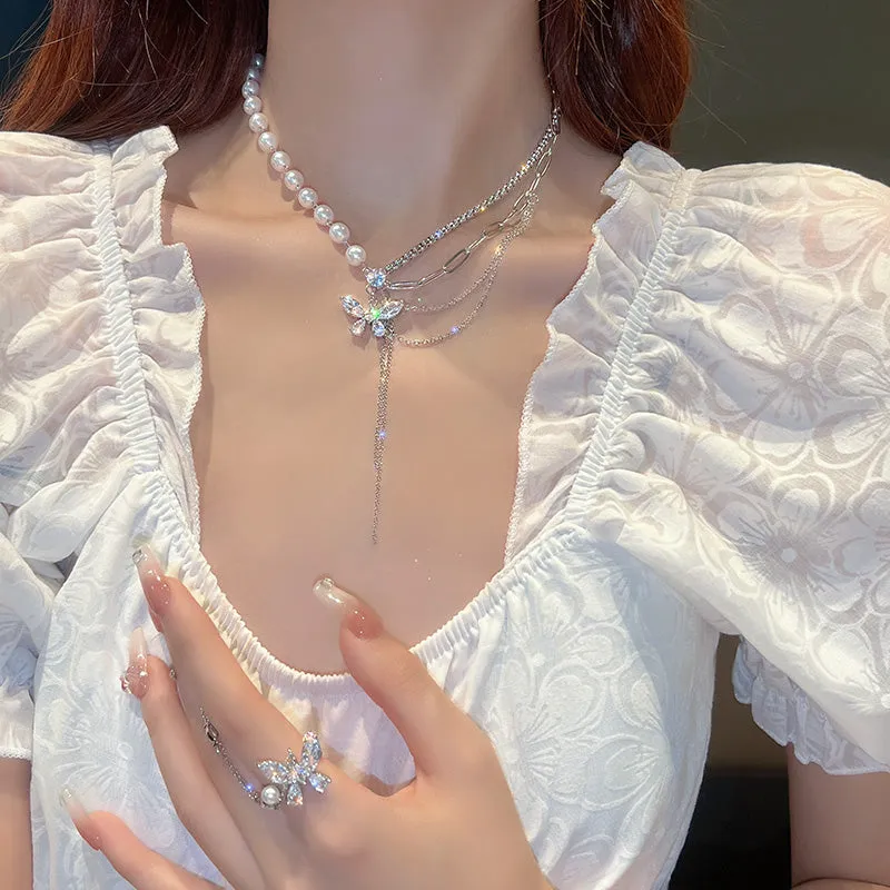 Spring Breeze Butterfly Four Chains Tassel Pendant Necklace