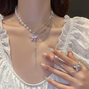Spring Breeze Butterfly Four Chains Tassel Pendant Necklace