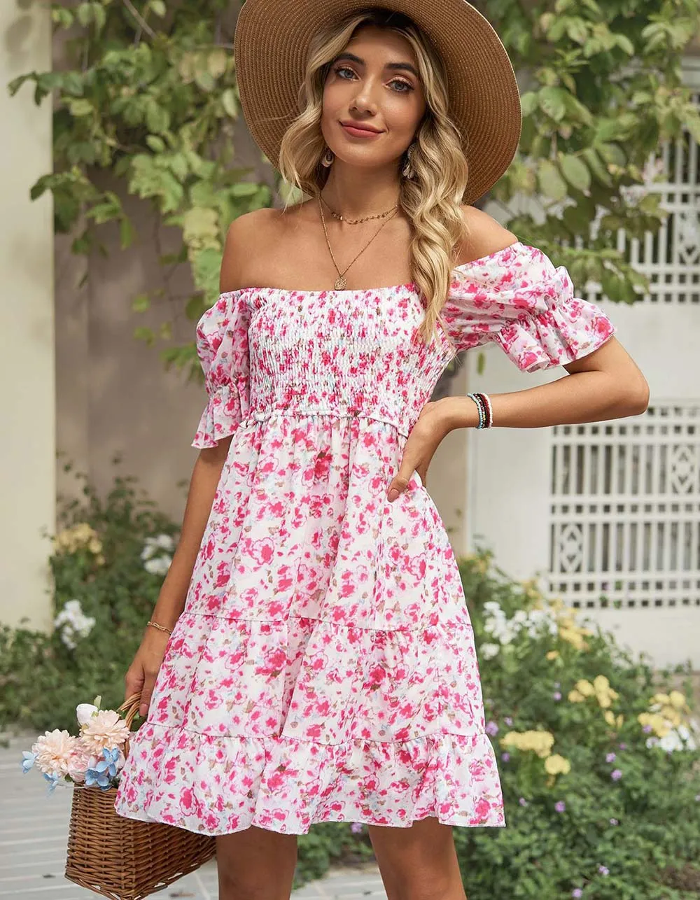 Square Neck Floral Print Chiffon Short Sleeve Loose Dresses