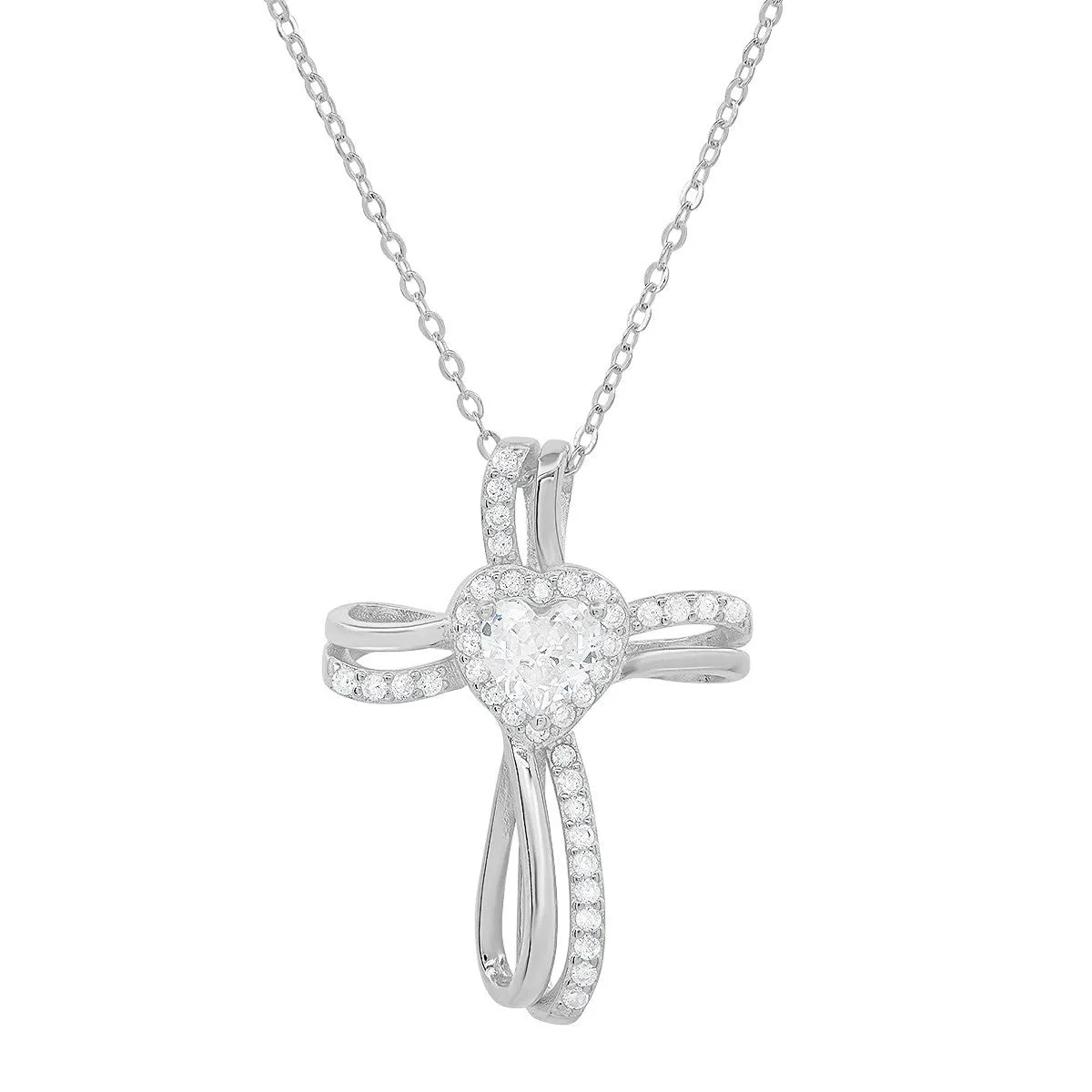 Sterling Silver Heart CZ Cross Pendant
