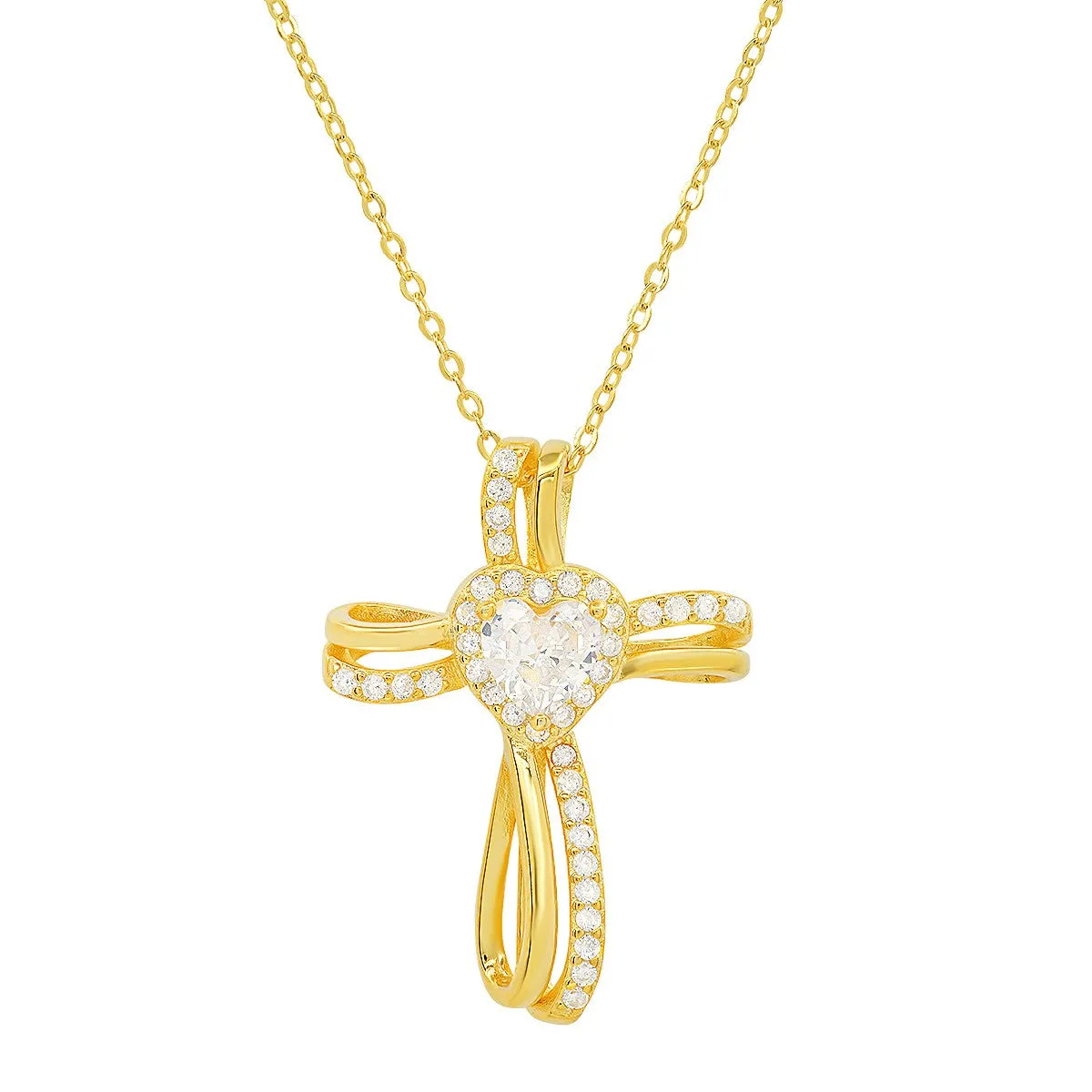Sterling Silver Heart CZ Cross Pendant