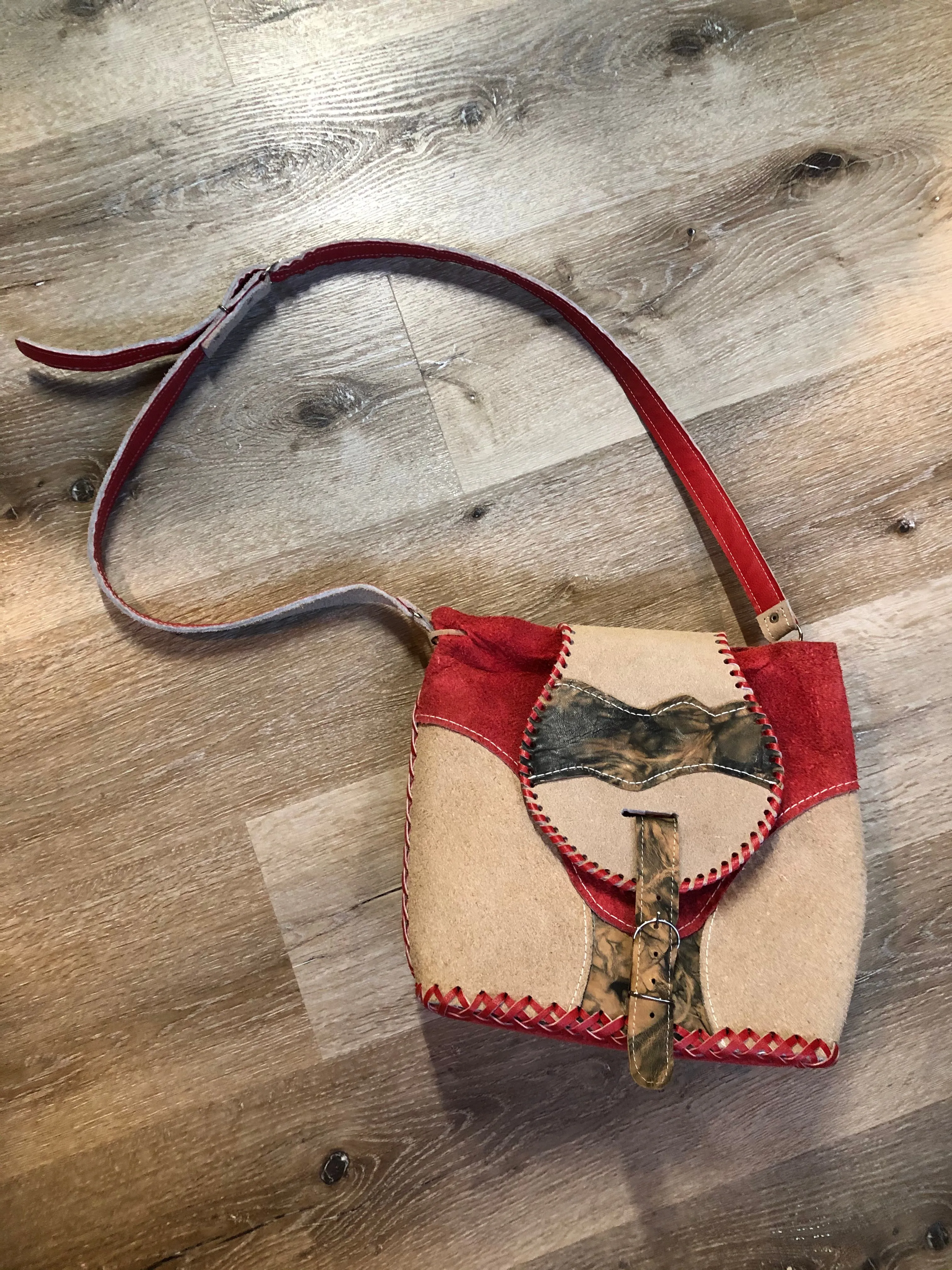 Tan and Red Suede Saddle Bag