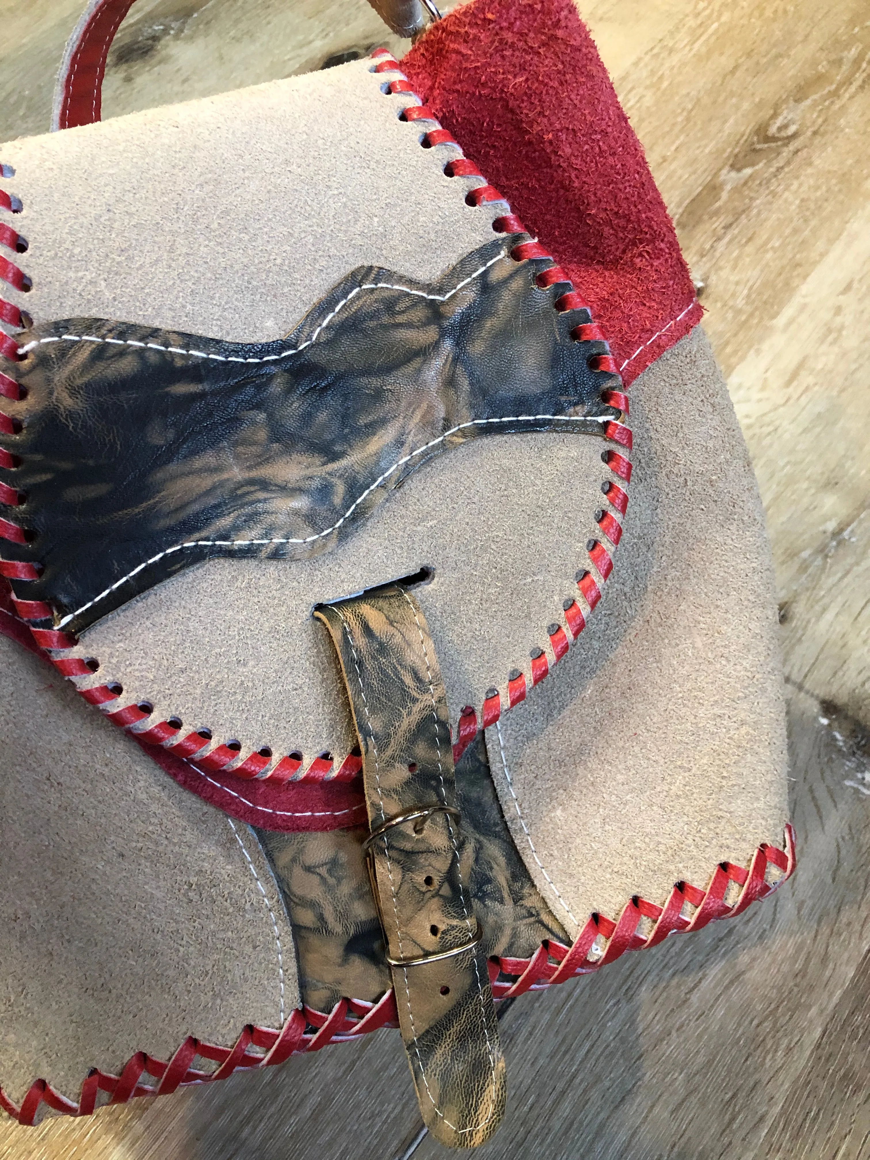 Tan and Red Suede Saddle Bag